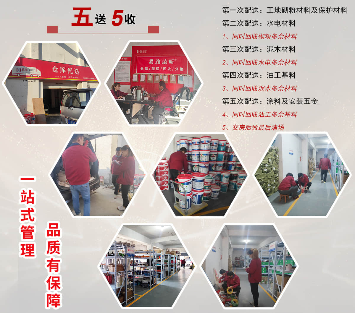 自营仓库配送 = 用正牌正品材料，让业主住放心家!